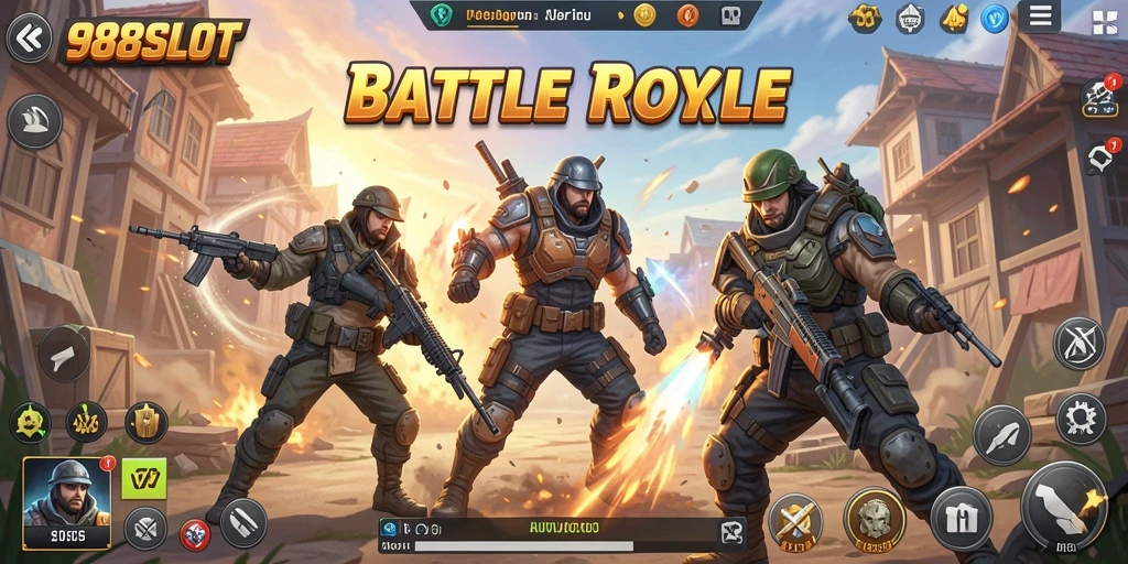 Screenshot gameplay 988SLOT yang menampilkan pertarungan intens di arena Battle Royale.