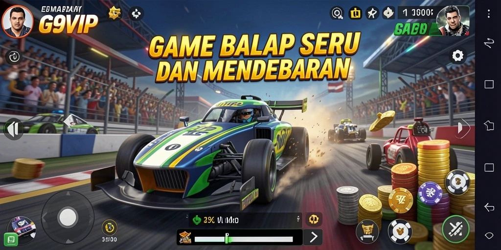 Tampilan gameplay G9VIP yang mendebarkan di lintasan balap.
