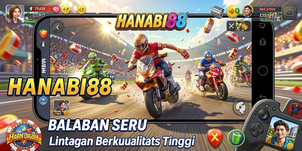 Tampilan gameplay HANABI88 dengan mobil balap yang beraksi di lintasan.