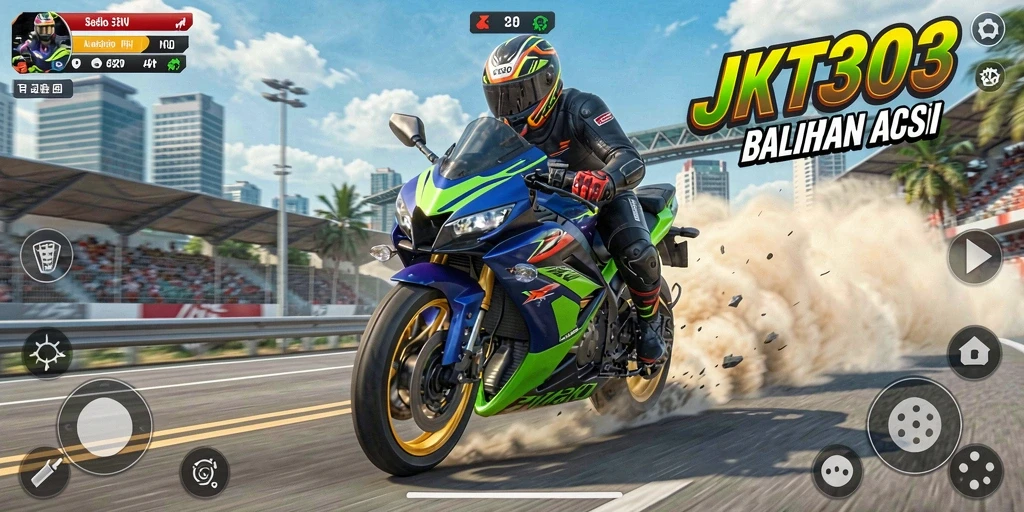 Screenshot dari gameplay JKT303 menampilkan balapan motor yang mendebarkan.