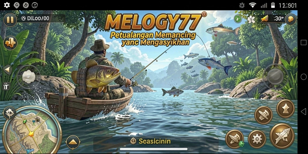 Tampilan gameplay MELODY77 saat menangkap ikan di danau yang indah.